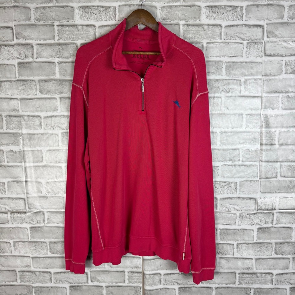 Tommy Bahama Relax Mens XXL 1/4 Zip Pullover Cotton Ribbed Pink Marlin Logo